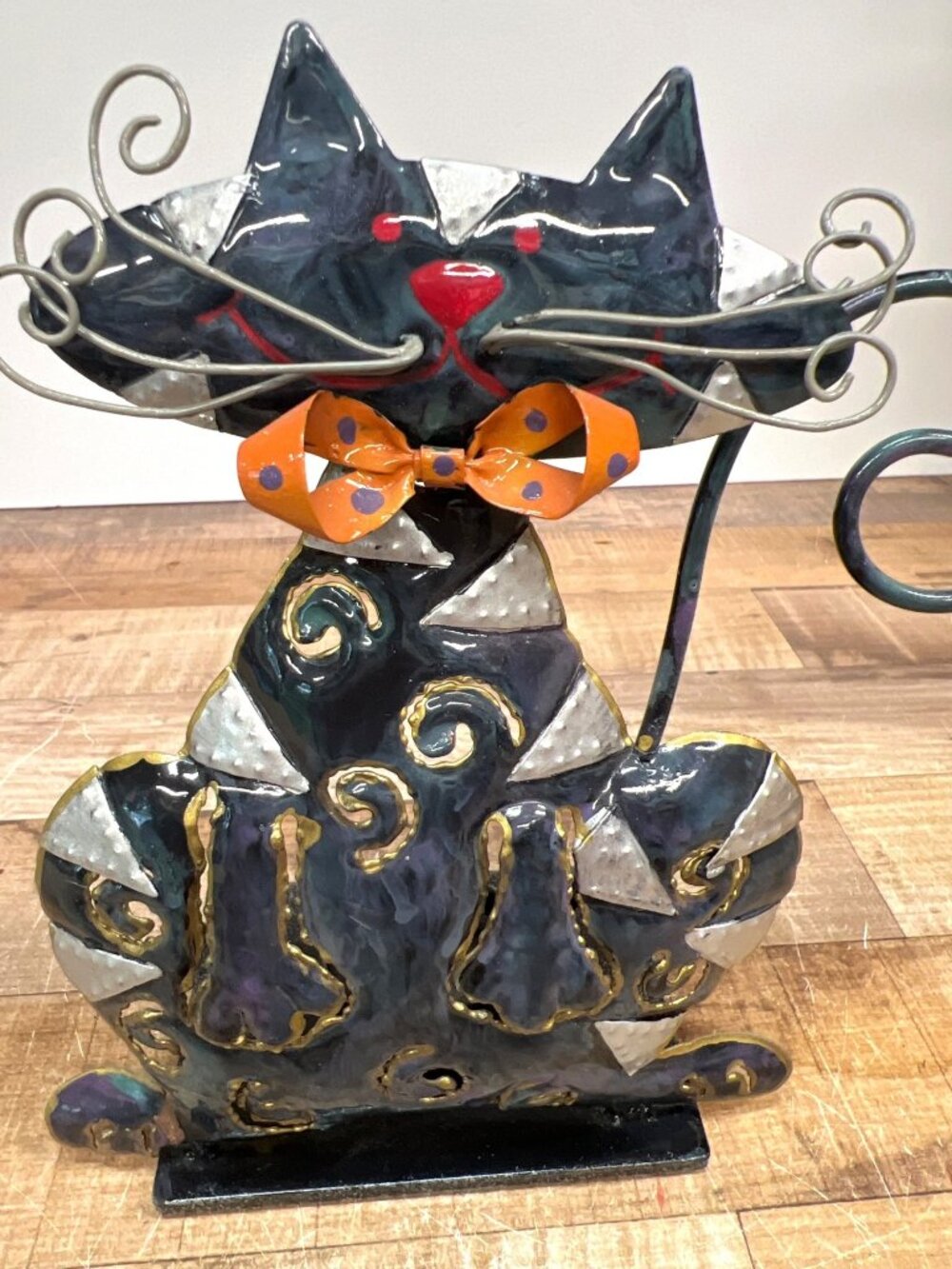 Halloween Handcrafted Metal Cat Candle Holder With Swirled Details - Picture 2 of 4